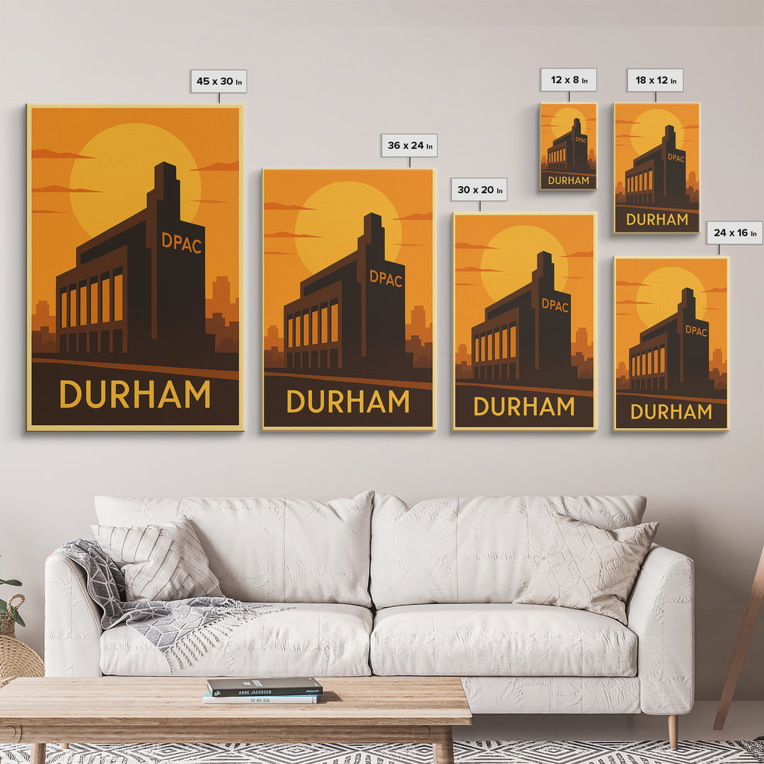 Durham Travel Poster, Framed Canvas Print, Warm Sunset Silhouette Art, Durham Art Print, Retro Travel Print, Vintage Travel Print