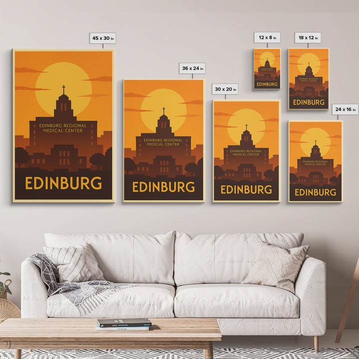 Edinburg Travel Poster, Framed Canvas Print, Golden Travel Poster Art, Edinburg Travel Art, Vintage City Art, City Illustration
