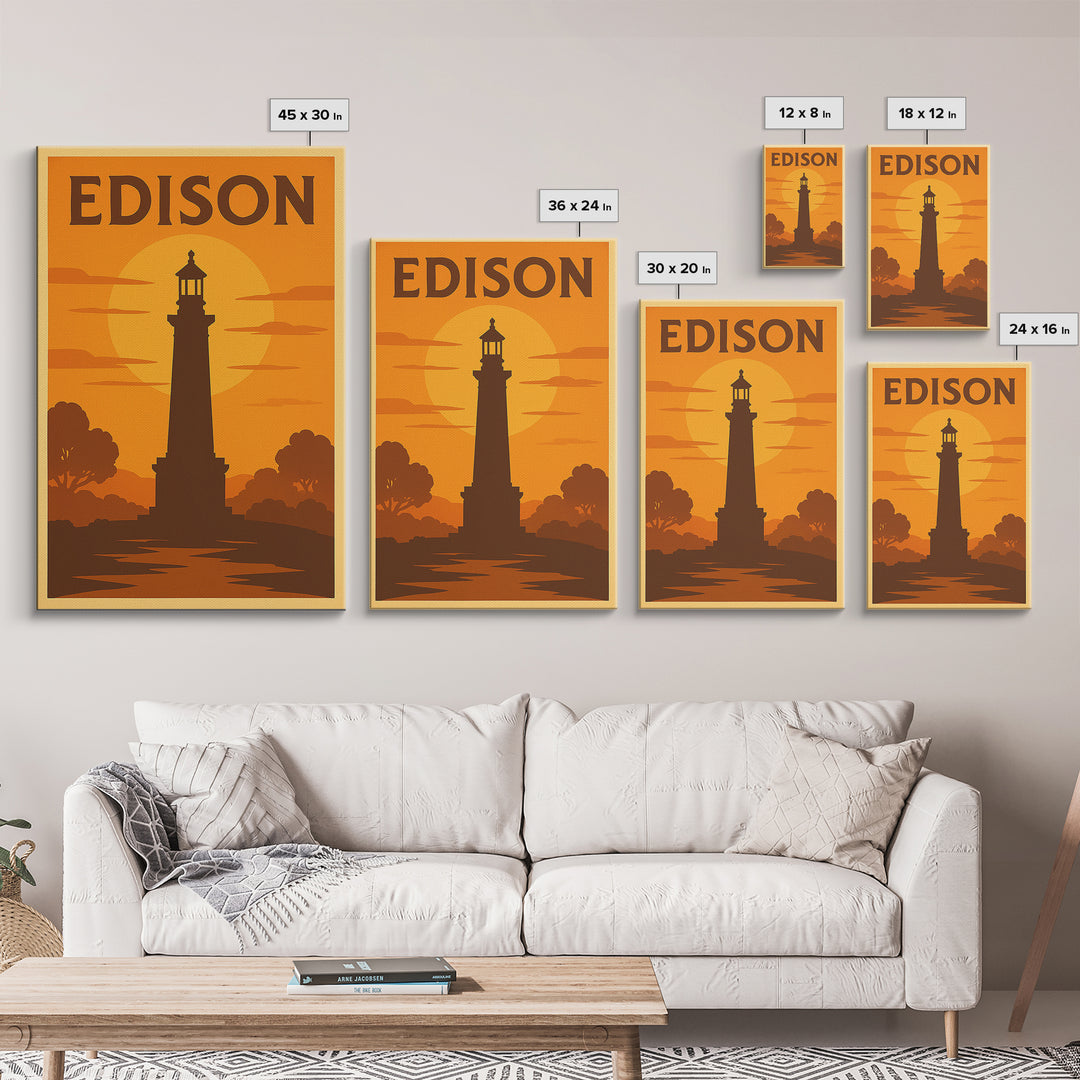 Edison New Jersey Travel Poster, Framed Canvas Print, Warm Sunset Silhouette Art, Edison Art Print, Home Office Decor, Modern Wall Decor