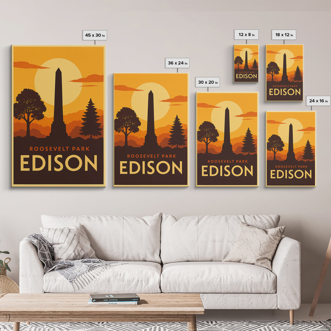 Edison Travel Poster, Canvas Print, Warm Sunset Silhouette Art, Edison Travel Art, Vintage City Poster, Mid Century Wall Art, Art Print