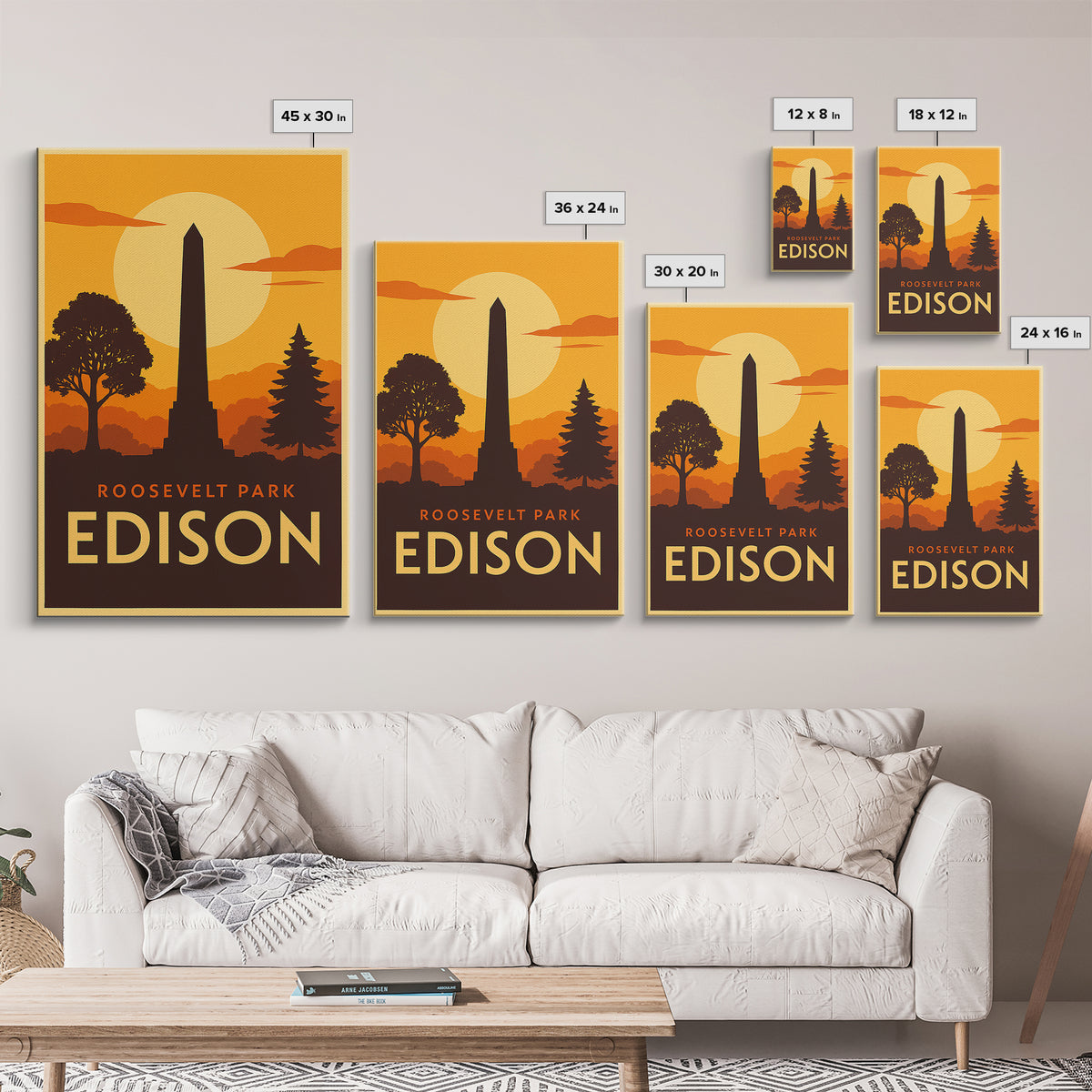Edison Travel Poster, Canvas Print, Warm Sunset Silhouette Art, Edison Travel Art, Vintage City Poster, Mid Century Wall Art, Art Print