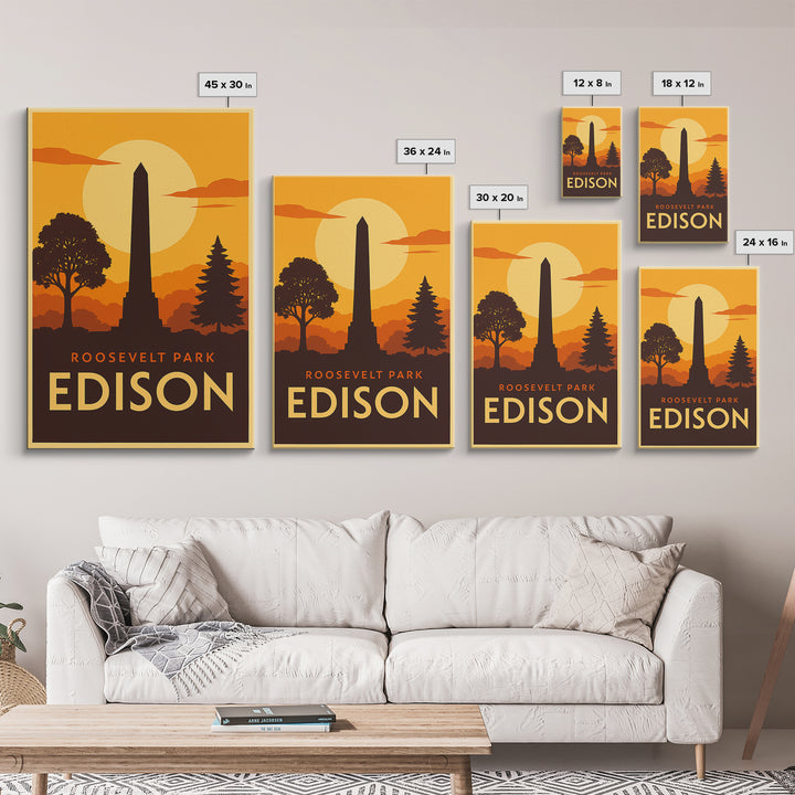 Edison Travel Poster, Canvas Print, Warm Sunset Silhouette Art, Edison Travel Art, Vintage City Poster, Mid Century Wall Art, Art Print