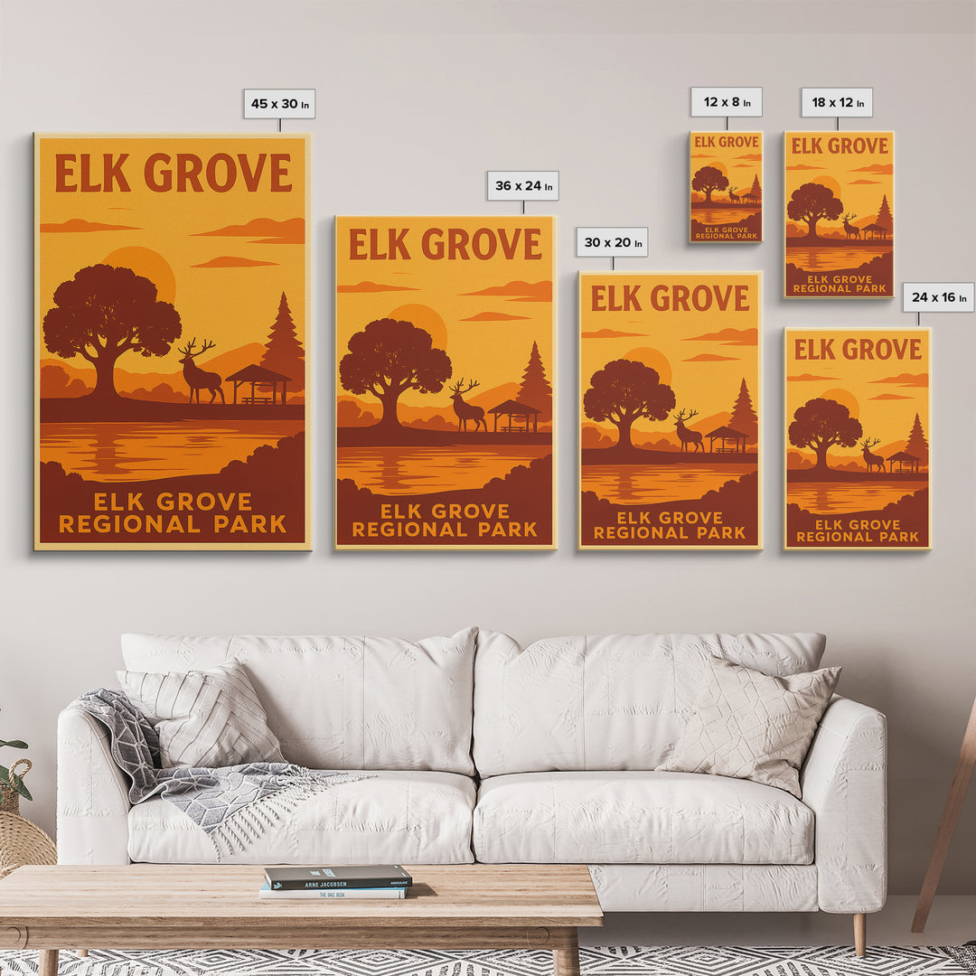 Elk Grove California Travel Poster, Framed Canvas Print, Warm Sunset Silhouette Art, Elk Grove Art Print, City Art Print, City Illustration