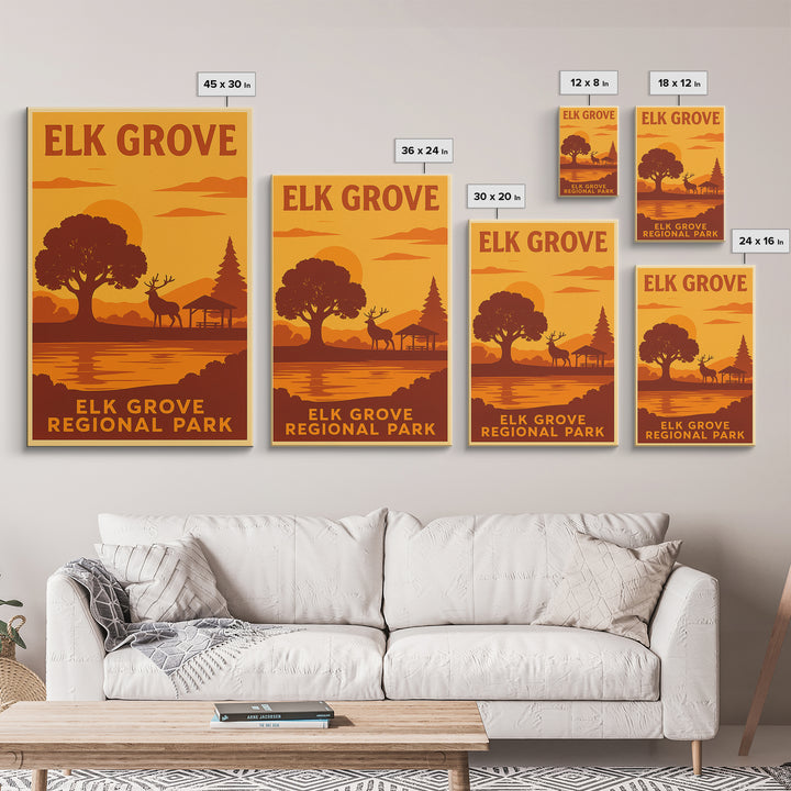 Elk Grove California Travel Poster, Framed Canvas Print, Warm Sunset Silhouette Art, Elk Grove Art Print, City Art Print, City Illustration