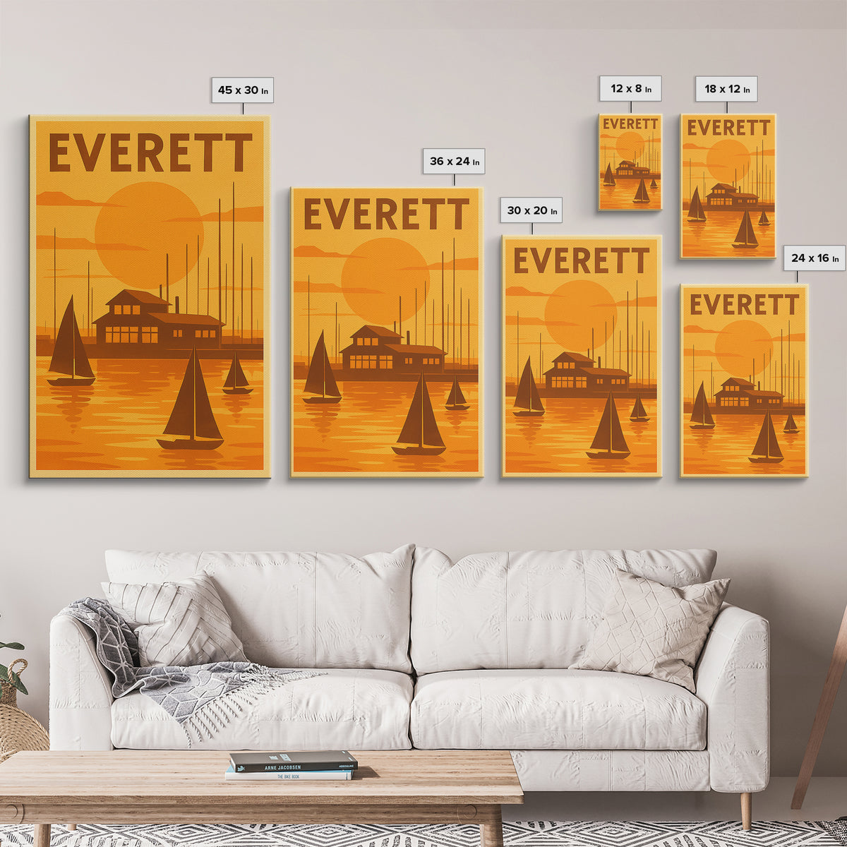 Everett Washington Travel Poster, Canvas Print, Warm Sunset Silhouette Art, Everett Poster Print, Travel Art Print, Vintage City Poster