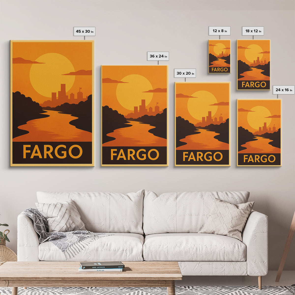 Fargo Travel Poster, Framed Canvas Print, Golden Travel Poster Art, Fargo Travel Art, Mid Century Wall Art, Travel Poster Art, Design 2