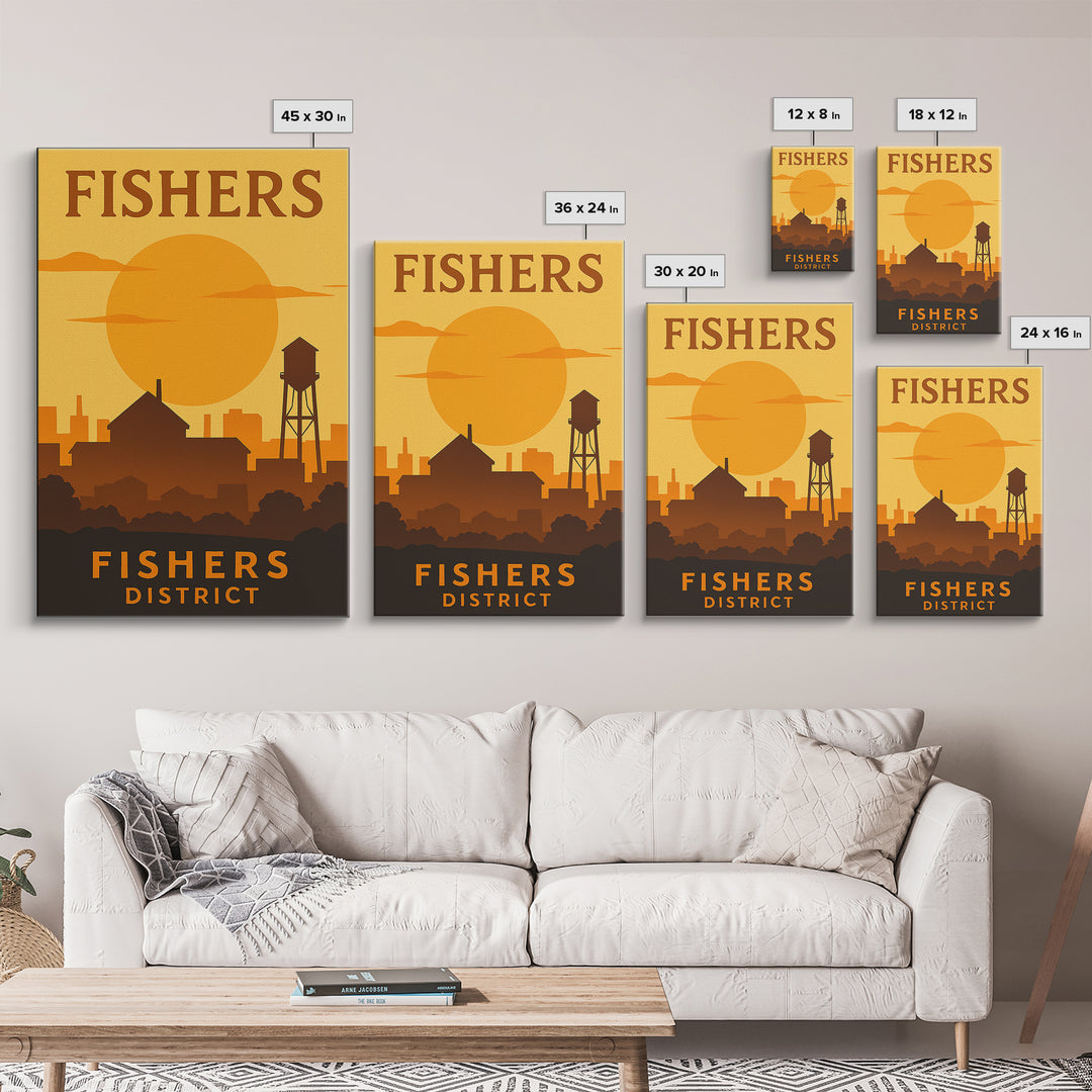 Fishers Indiana Travel Poster, Canvas Print, Gold Art Deco Poster Art, Fishers Wall Art, Travel Poster Set, Watercolor Downtown Skyline