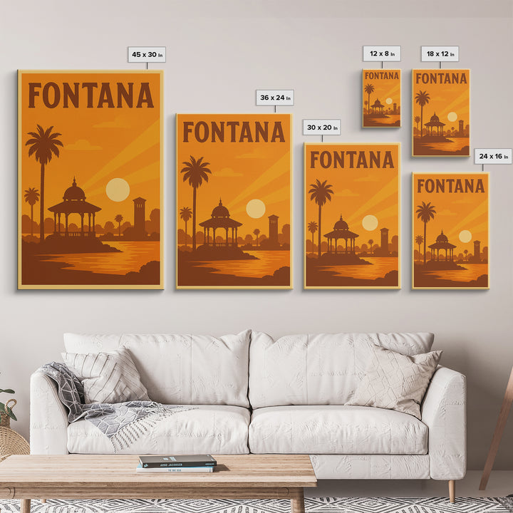 Fontana California Travel Poster, Canvas Print, Warm Sunset Silhouette Art, Fontana Travel Art, City Travel Prints, Travel Art, Home Decor