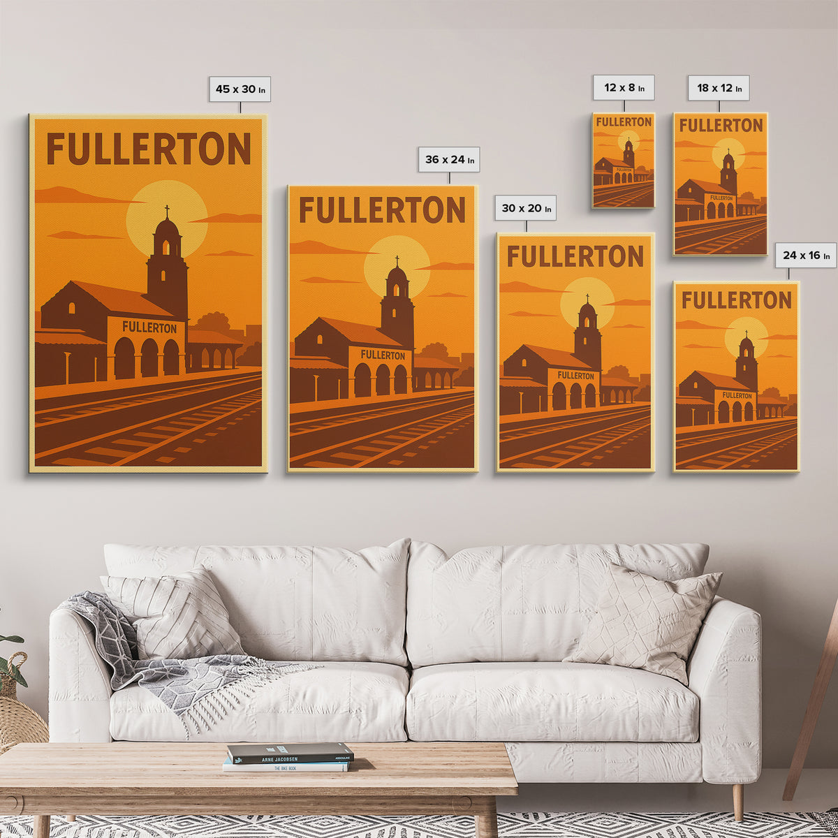 Fullerton California Travel Poster, Canvas Print, Warm Sunset Silhouette Art, Fullerton City Art, Retro Travel Print, Wall Decor, Poster Art