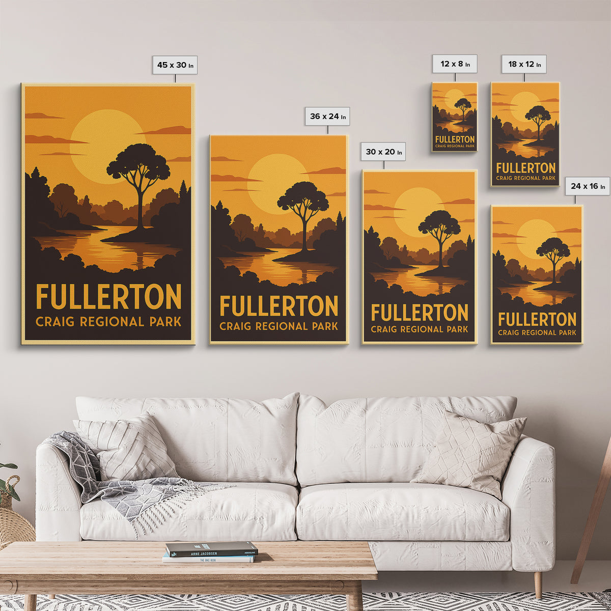 Fullerton Travel Poster, Canvas Print, Warm Sunset Silhouette Art, Fullerton Art Print, City Travel Prints, Vintage Travel Print