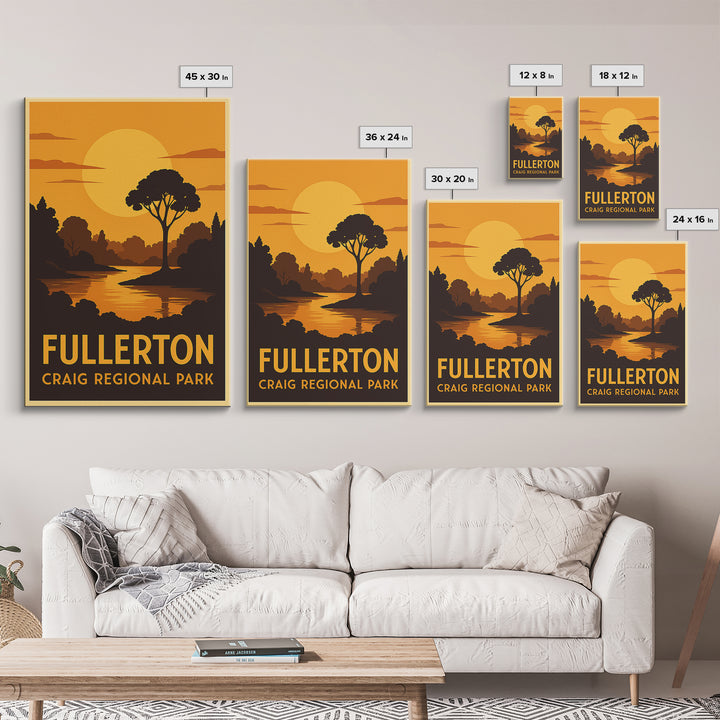 Fullerton Travel Poster, Canvas Print, Warm Sunset Silhouette Art, Fullerton Art Print, City Travel Prints, Vintage Travel Print