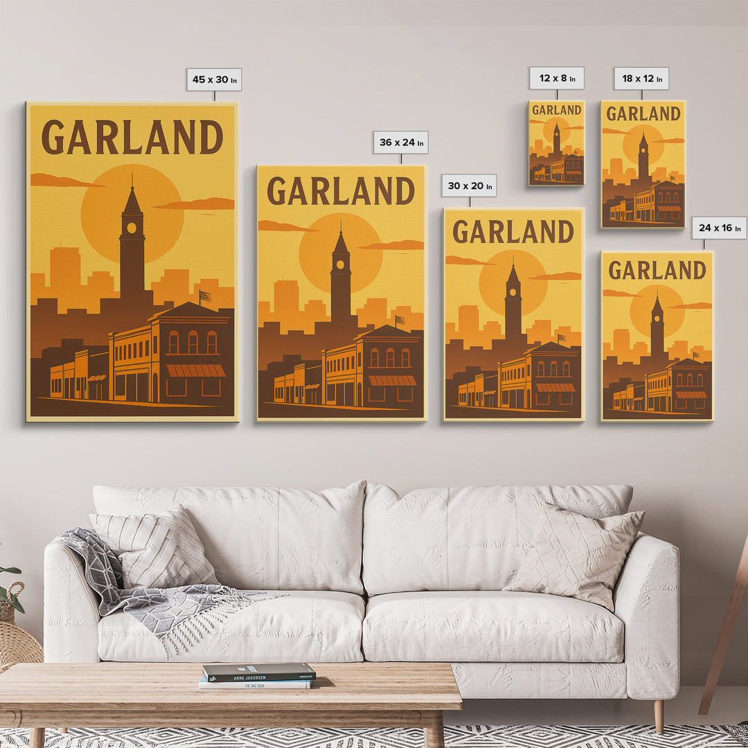 Garland Texas Travel Poster, Framed Canvas Print, Golden Travel Poster Art, Garland Art Print, Eclectic Wall Decor, Gift For Travelers