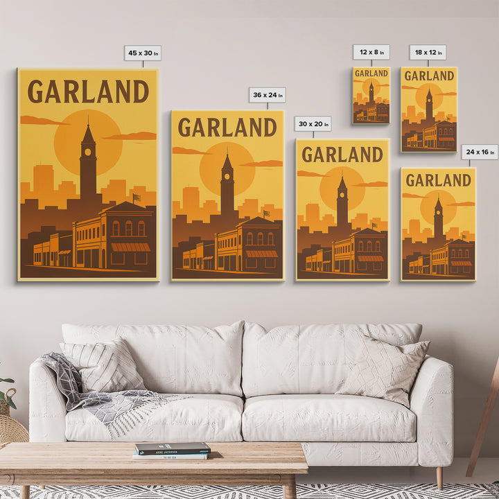 Garland Texas Travel Poster, Framed Canvas Print, Golden Travel Poster Art, Garland Art Print, Eclectic Wall Decor, Gift For Travelers