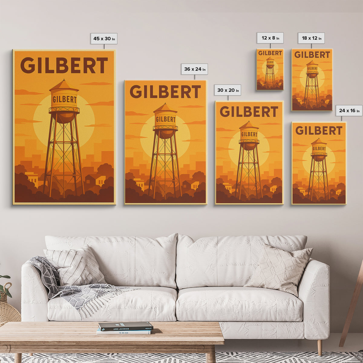 Gilbert Arizona Travel Poster, Canvas Print, Gold Art Deco Poster Art, Gilbert Art Print, Watercolor Skyline, Travel Wall Art, Art Print