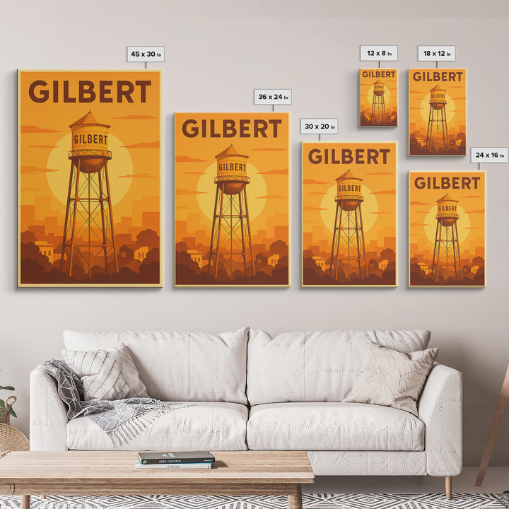 Gilbert Arizona Travel Poster, Canvas Print, Gold Art Deco Poster Art, Gilbert Art Print, Watercolor Skyline, Travel Wall Art, Art Print