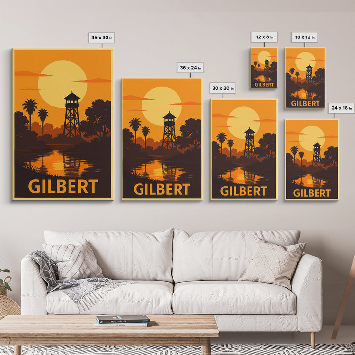 Gilbert Travel Poster, Framed Canvas Print, Golden Travel Poster Art, Gilbert Travel Art, Travel Wall Decor, Travel Wall Art, Design 2