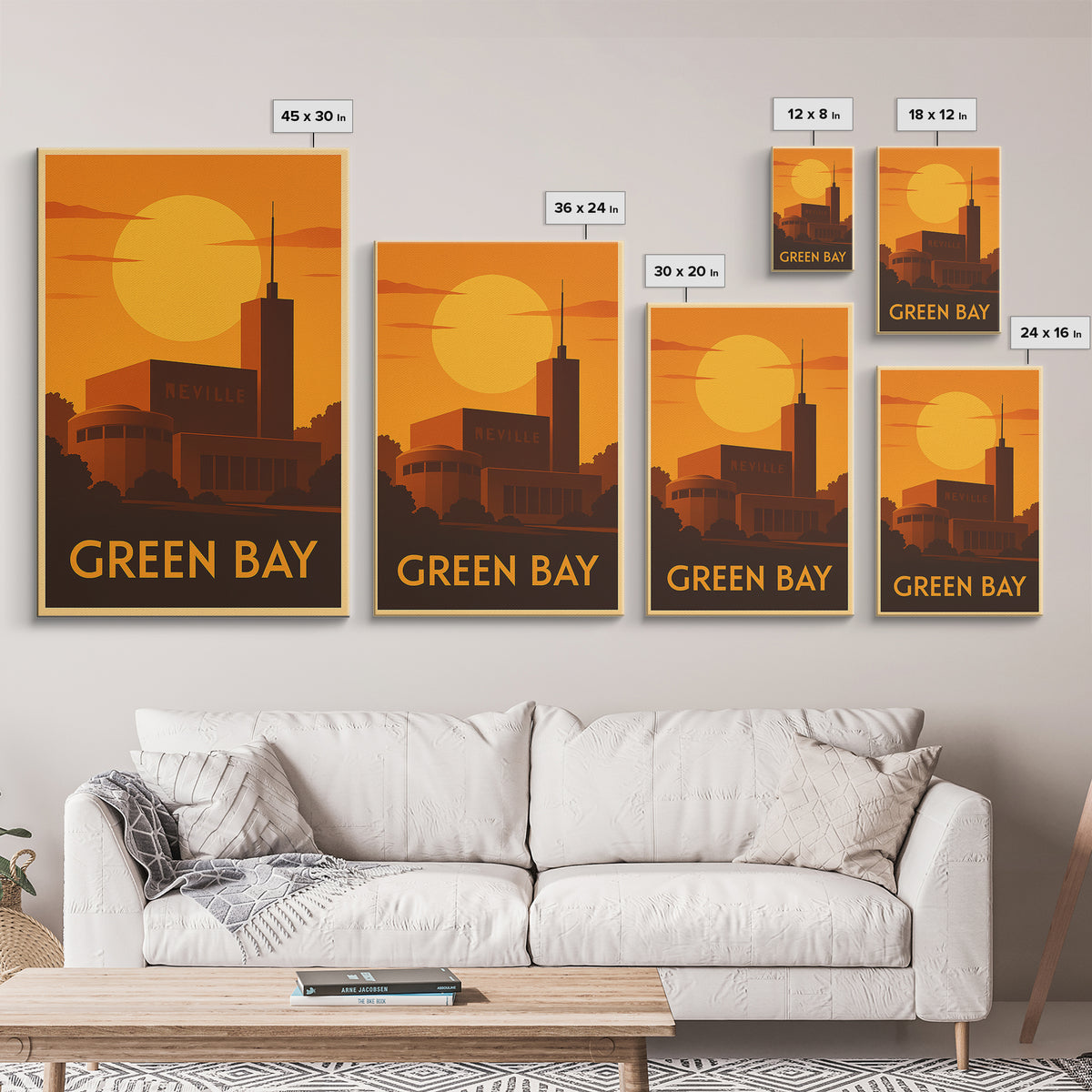 Green Bay Travel Poster, Canvas Print, Warm Sunset Silhouette Art, Green Bay Travel Art, Retro Travel Print, City Illustration