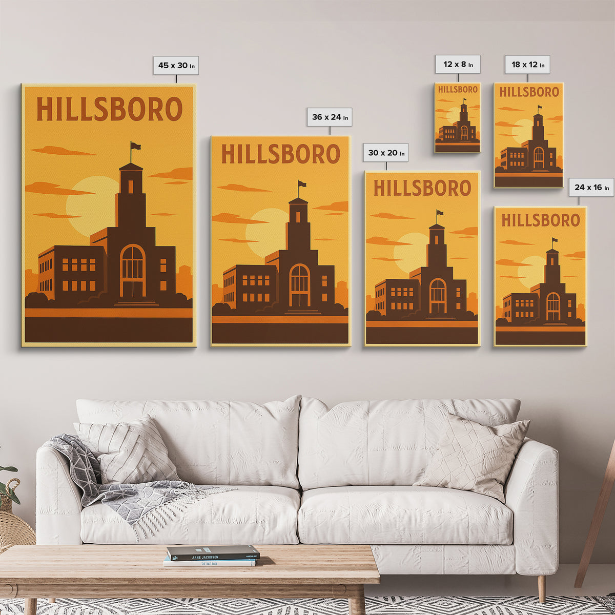 Hillsboro Oregon Travel Poster, Canvas Print, Deco Wall Art, Hillsboro Art Print, Travel Poster Set, Art Print, Watercolor Skyline Art