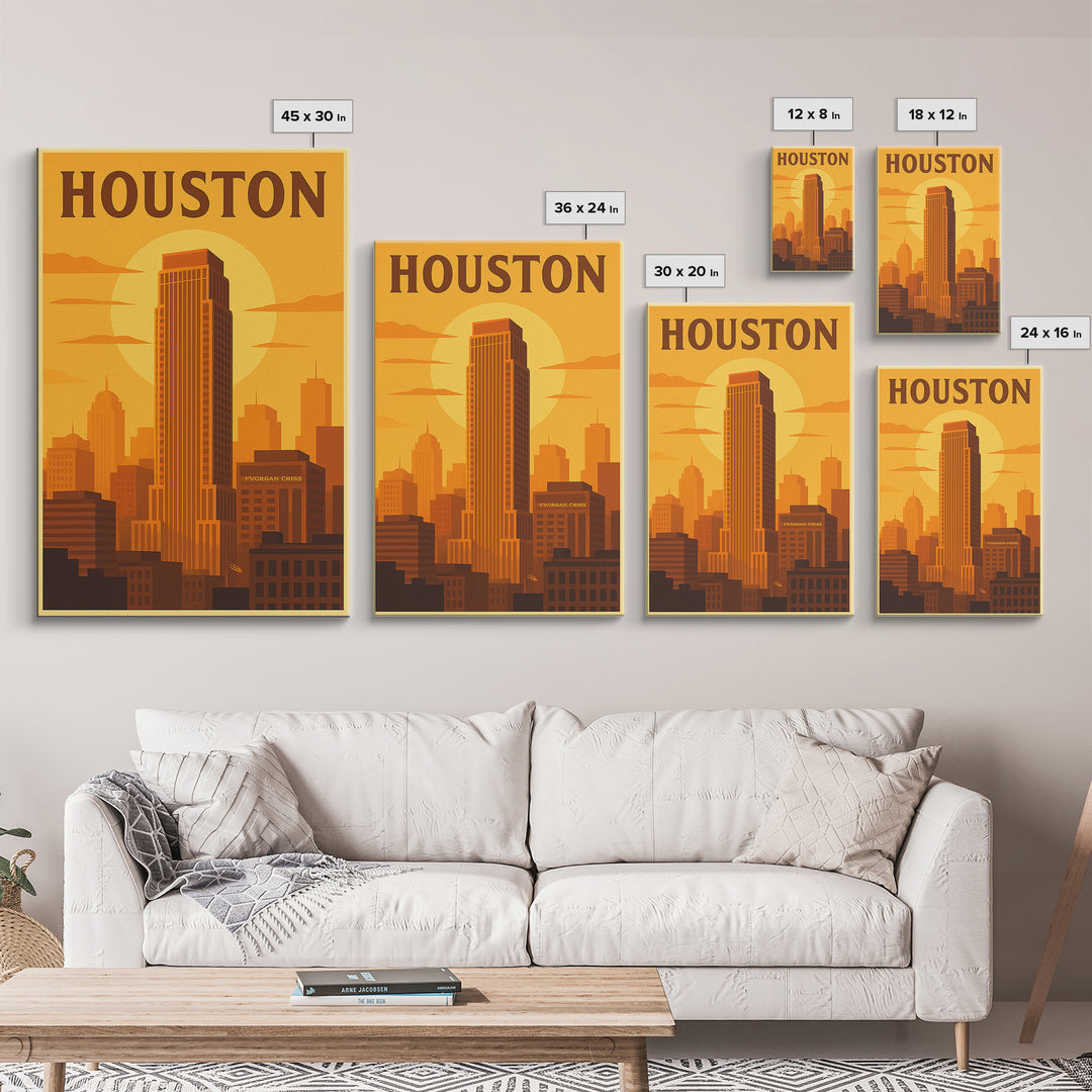 Houston Texas Travel Poster, Canvas Print, Gold Art Deco Poster Art, Houston Travel Art, Wanderlust Decor, Travel Wall Decor, Wall Art