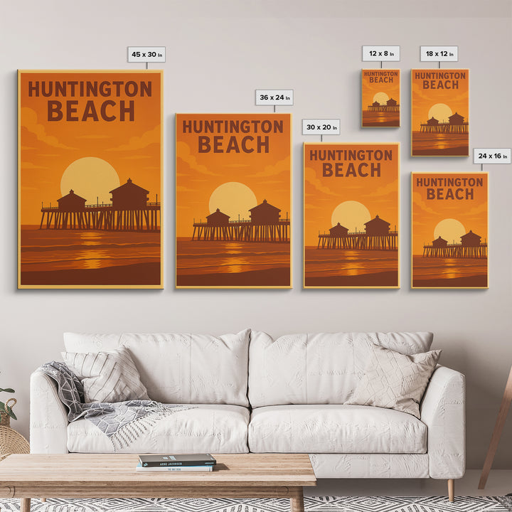 Huntington Beach California Travel Poster, Framed Canvas Print, Warm Sunset Silhouette Art, Huntington Beach Poster Print, City Illustration