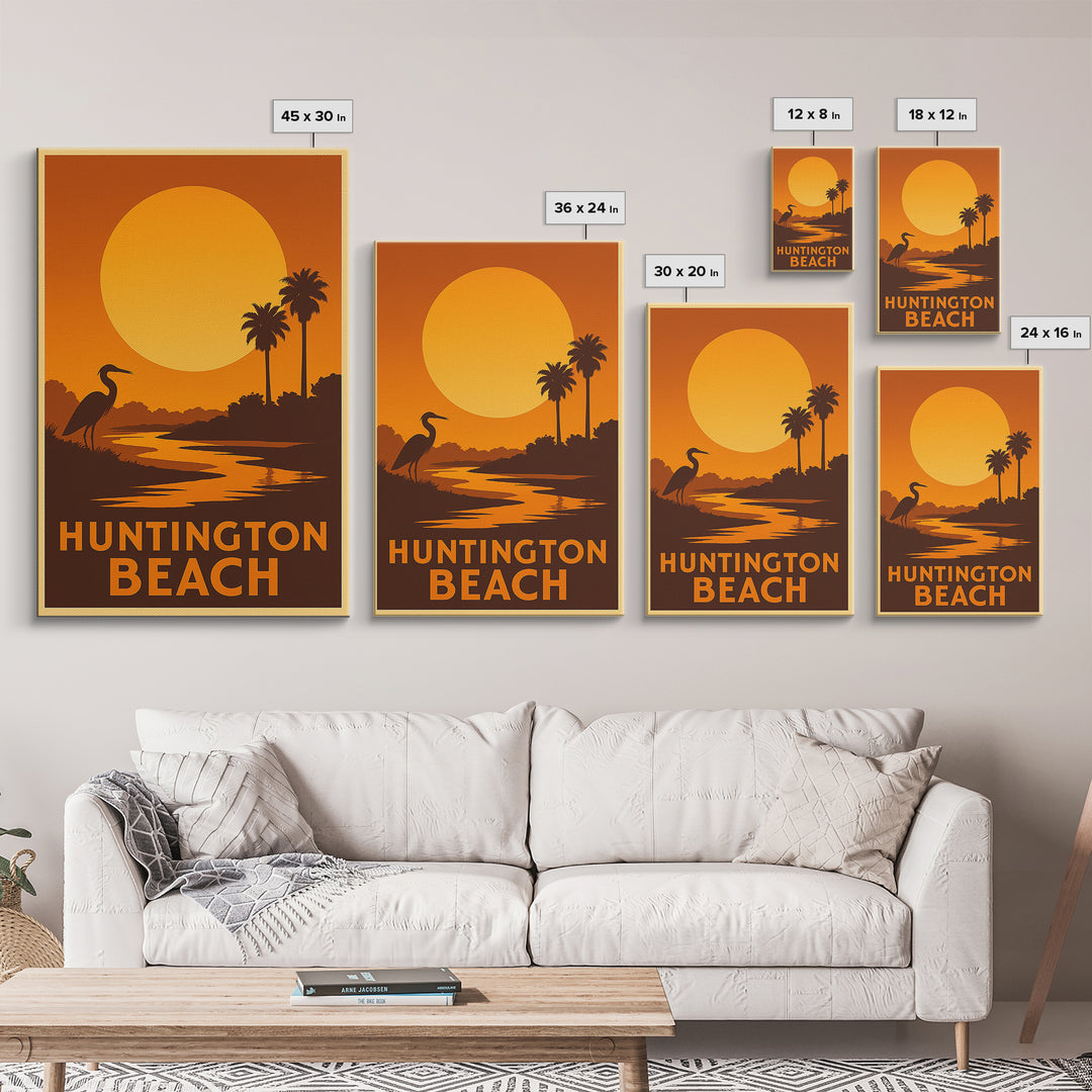 Huntington Beach Travel Poster, Framed Canvas Print, Golden Travel Poster Art, Huntington Beach Travel Art, Travel Poster Art, Design 2