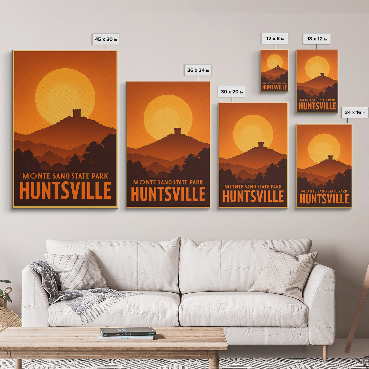 Huntsville Travel Poster, Framed Canvas Print, Warm Sunset Silhouette Art, Huntsville City Art, Vintage City Poster, Vintage City Art