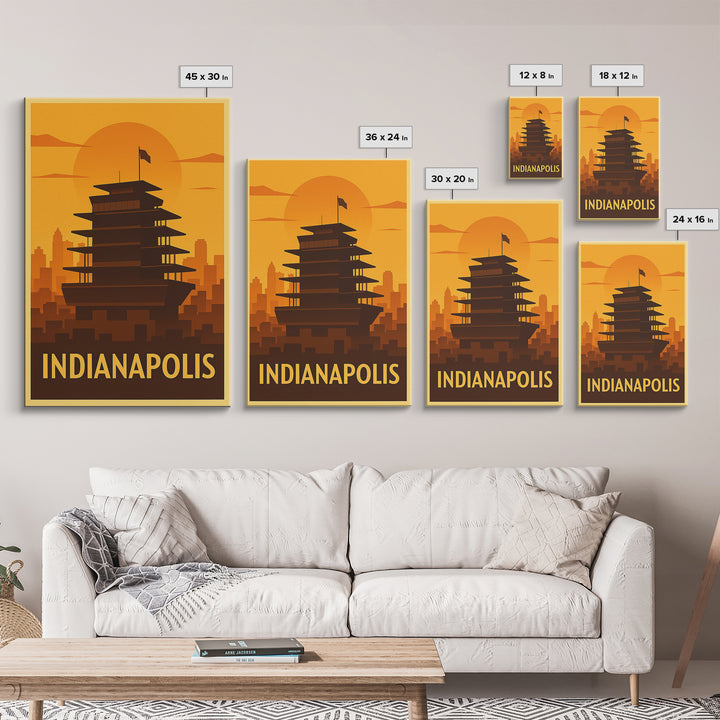 Indianapolis Travel Poster, Canvas Print, Warm Sunset Silhouette Art, Indianapolis City Art, Eclectic Wall Decor, Travel Poster Art