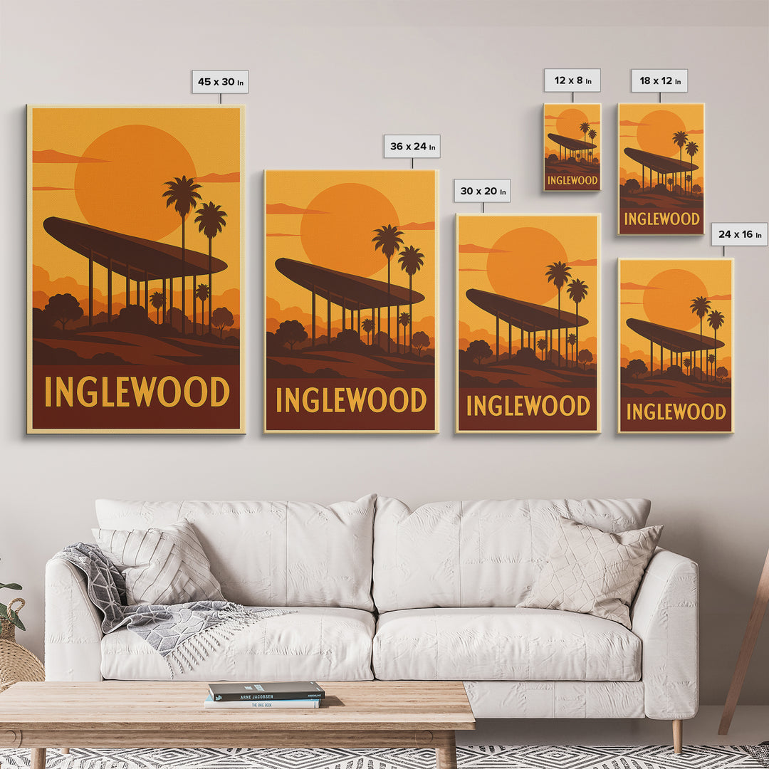 Inglewood Travel Poster, Canvas Print, Warm Sunset Silhouette Art, Inglewood Wall Art, Retro Travel Print, City Travel Prints, Wall Art