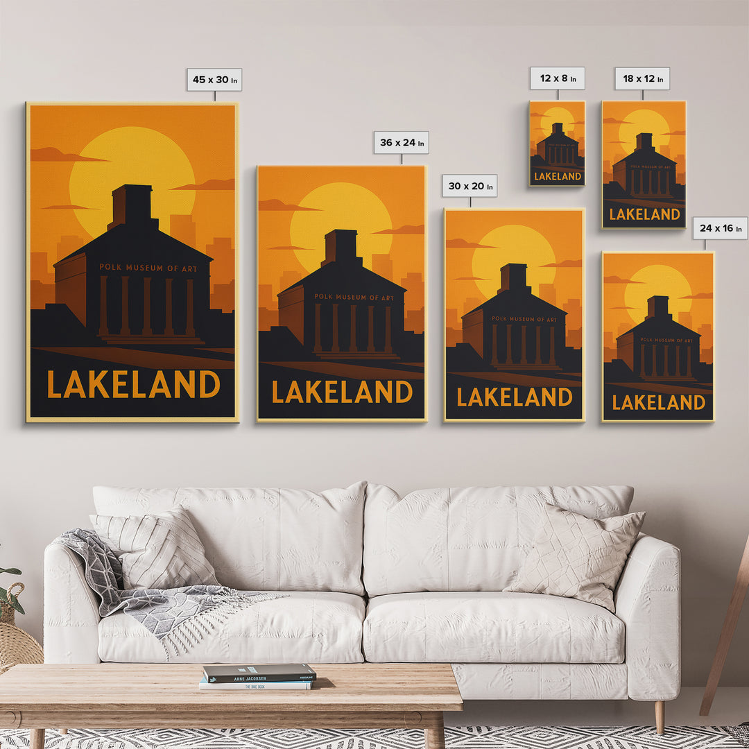 Lakeland Travel Poster, Canvas Print, Warm Sunset Silhouette Art, Lakeland Art Print, Living Room Wall Art, Mid Century Wall Art