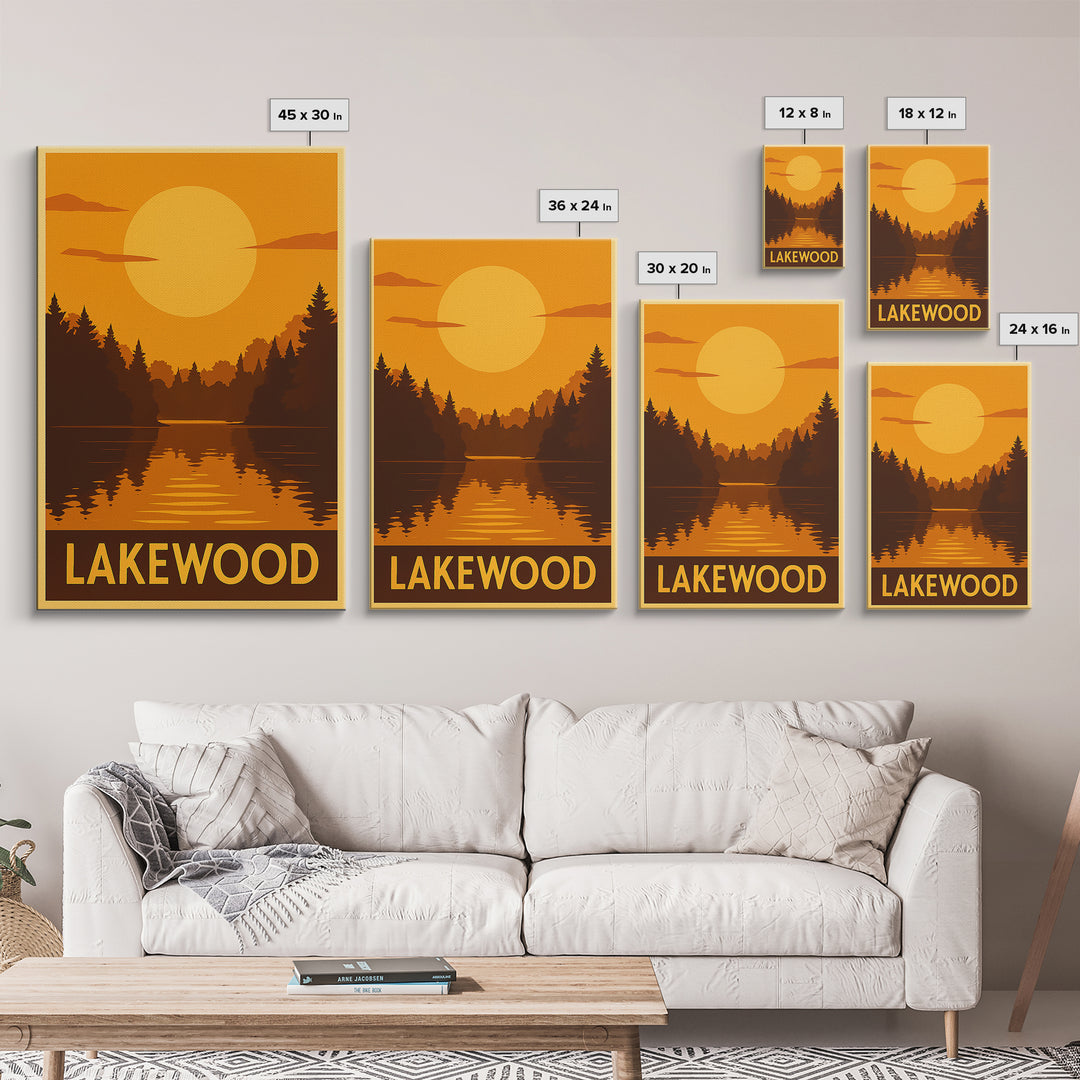 Lakewood Travel Poster, Framed Canvas Print, Golden Travel Poster Art, Lakewood City Art, Living Room Wall Art, City Illustration