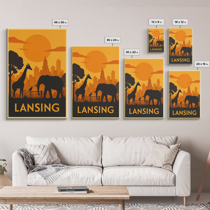 Lansing Travel Poster, Framed Canvas Print, Golden Travel Poster Art, Lansing City Art, Wanderlust Decor, Living Room Wall Art