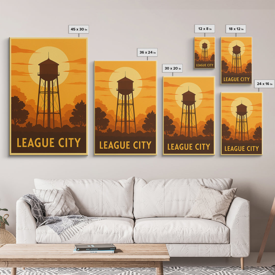 League City Travel Poster, Framed Canvas Print, Vintage Deco Wall Art, League City Travel Art, Vintage Travel Print, Vintage City Art
