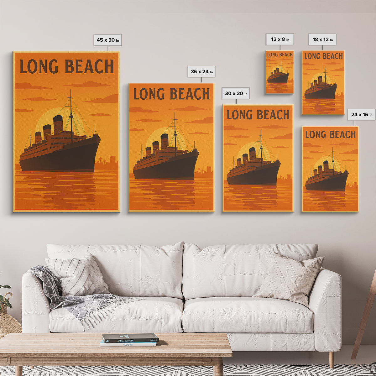 Long Beach California Travel Poster, Canvas Print, Warm Sunset Silhouette Art, Long Beach Poster Print, Travel Print, Travel Wall Art