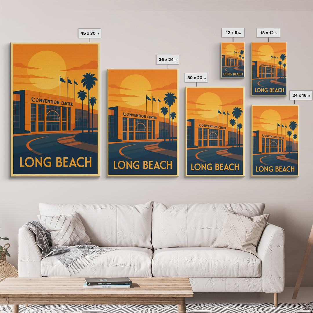Long Beach Travel Poster, Canvas Print, Warm Sunset Silhouette Art, Long Beach Travel Art, Living Room Wall Art, Gift For Travelers