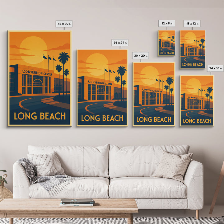 Long Beach Travel Poster, Canvas Print, Warm Sunset Silhouette Art, Long Beach Travel Art, Living Room Wall Art, Gift For Travelers