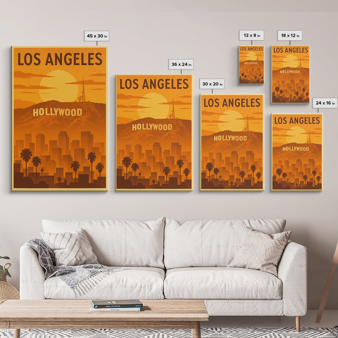 Los Angeles California Travel Poster, Canvas Print, Warm Sunset Silhouette Art, Los Angeles Art Print, City Travel Prints, Wanderlust Decor