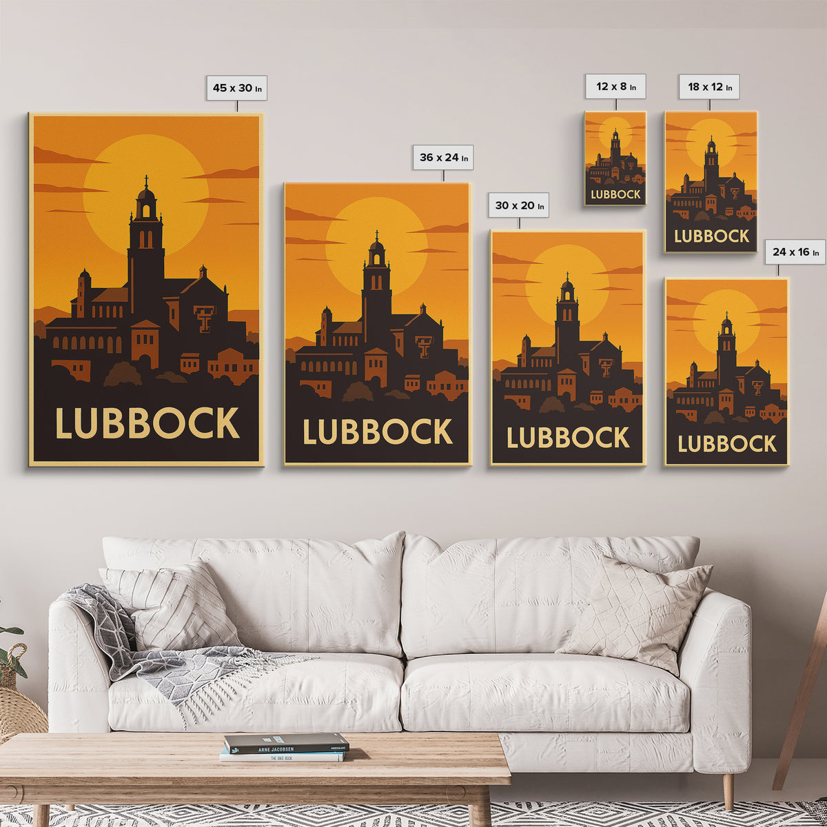 Lubbock Travel Poster, Framed Canvas Print, Warm Sunset Silhouette Art, Lubbock Wall Art, Vintage City Poster, Vintage City Art