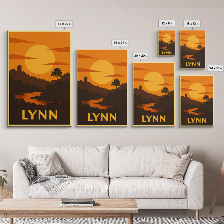 Lynn Travel Poster, Framed Canvas Print, Gold Art Deco Poster Art, Lynn City Art, Watercolor Skyline Art, City Travel Prints, Poster Print