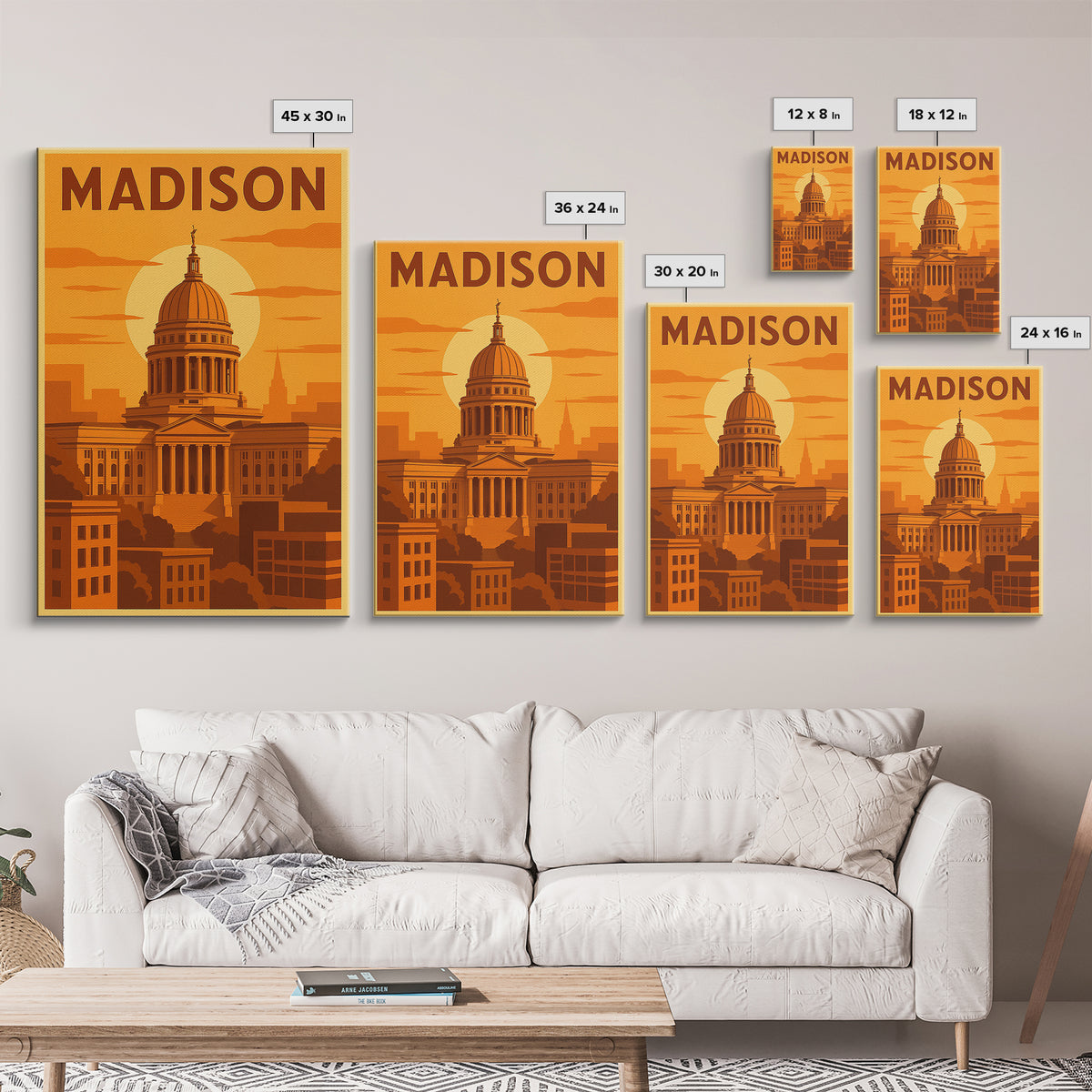 Madison Wisconsin Travel Poster, Framed Canvas Print, Gold Art Deco Poster Art, Madison Travel Art, Modern Wall Decor, City Illustration