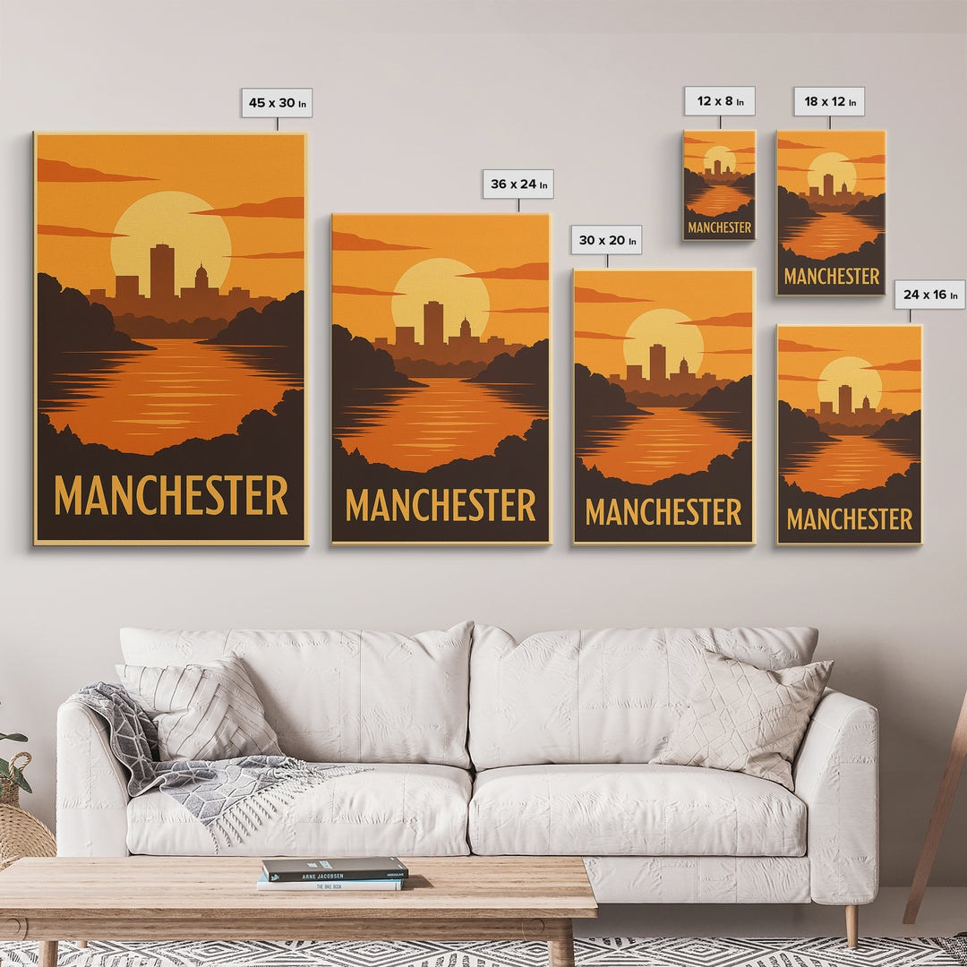 Manchester Travel Poster, Framed Canvas Print, Gold Art Deco Poster Art, Manchester City Art, Travel Poster Art, Watercolor Skyline