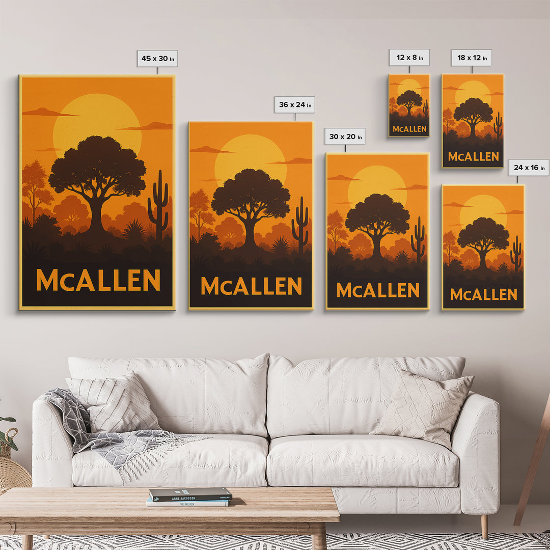 Mcallen Travel Poster, Canvas Print, Warm Sunset Silhouette Art, Mcallen Art Print, Travel Wall Decor, City Illustration, Gift For Travelers