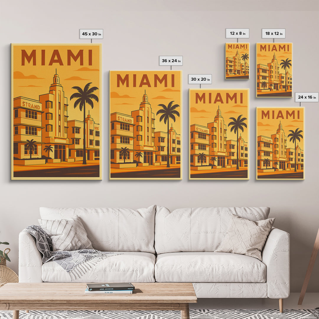 Miami Florida Travel Poster, Framed Canvas Print, Gold Art Deco Poster Art, Miami Travel Art, Home Office Decor, Living Room Wall Art
