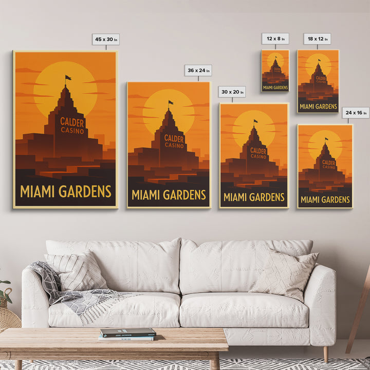 Miami Gardens Travel Poster, Framed Canvas Print, Warm Sunset Silhouette Art, Miami Gardens Wall Art, Vintage City Art, Retro Travel Print