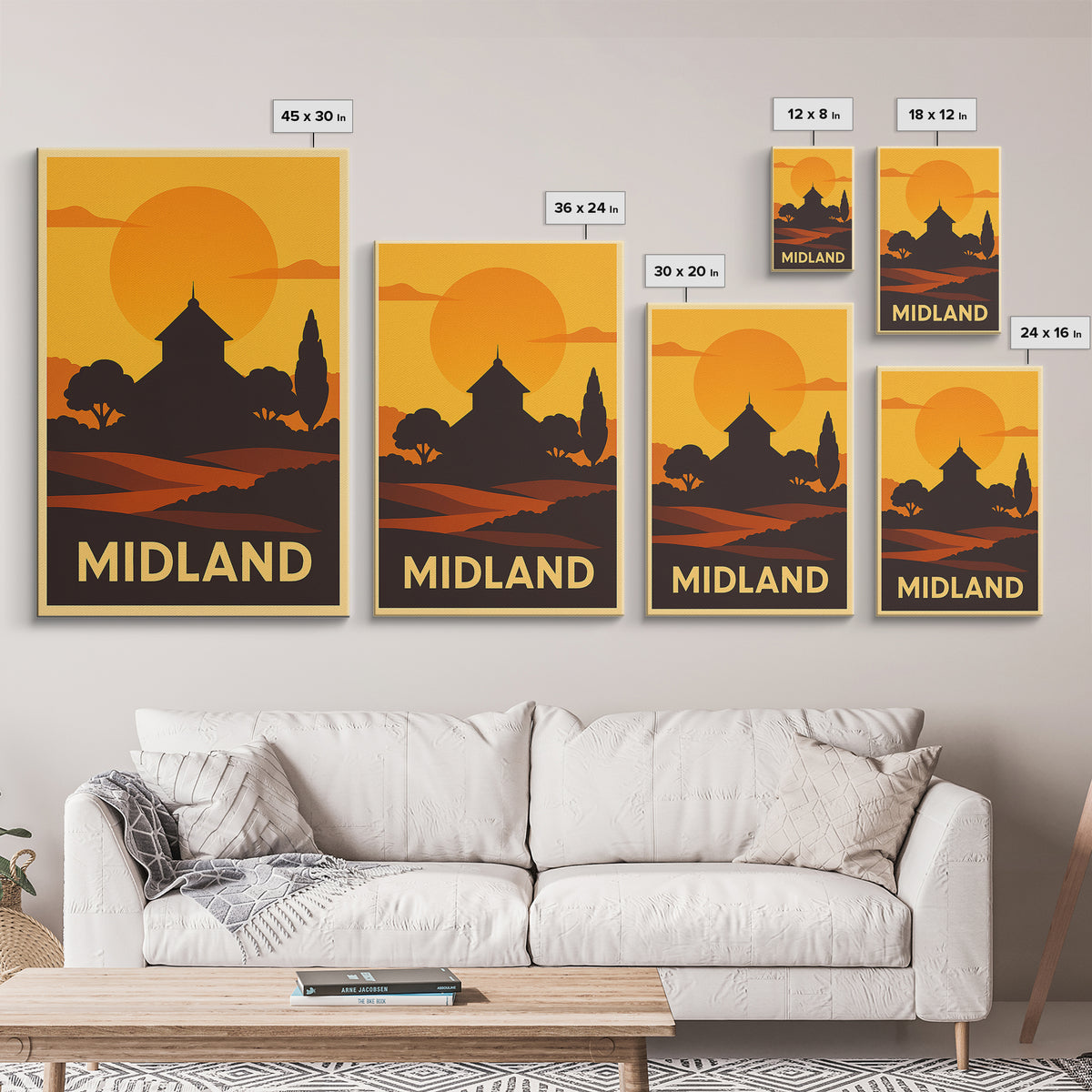 Midland Travel Poster, Framed Canvas Print, Warm Sunset Silhouette Art, Midland Wall Art, Travel Wall Decor, Travel Wall Art, Poster Art