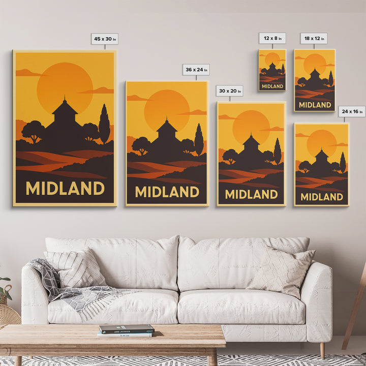 Midland Travel Poster, Framed Canvas Print, Warm Sunset Silhouette Art, Midland Wall Art, Travel Wall Decor, Travel Wall Art, Poster Art