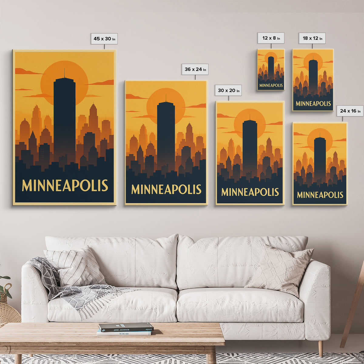 Minneapolis Travel Poster, Framed Canvas Print, Warm Sunset Silhouette Art, Minneapolis Art Print, Eclectic Wall Decor, City Travel Prints