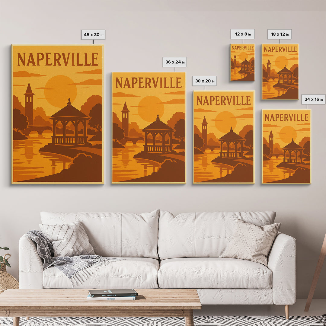 Naperville Illinois Travel Poster, Canvas Print, Golden Travel Poster Art, Naperville City Art, Gift For Travelers, Vintage Travel Art