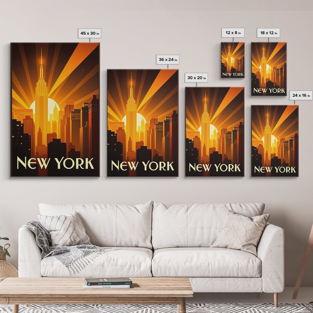 New York Travel Poster, Framed Canvas Print, Golden Travel Poster Art, New York Wall Art, Vintage Travel Art, Vintage City Poster