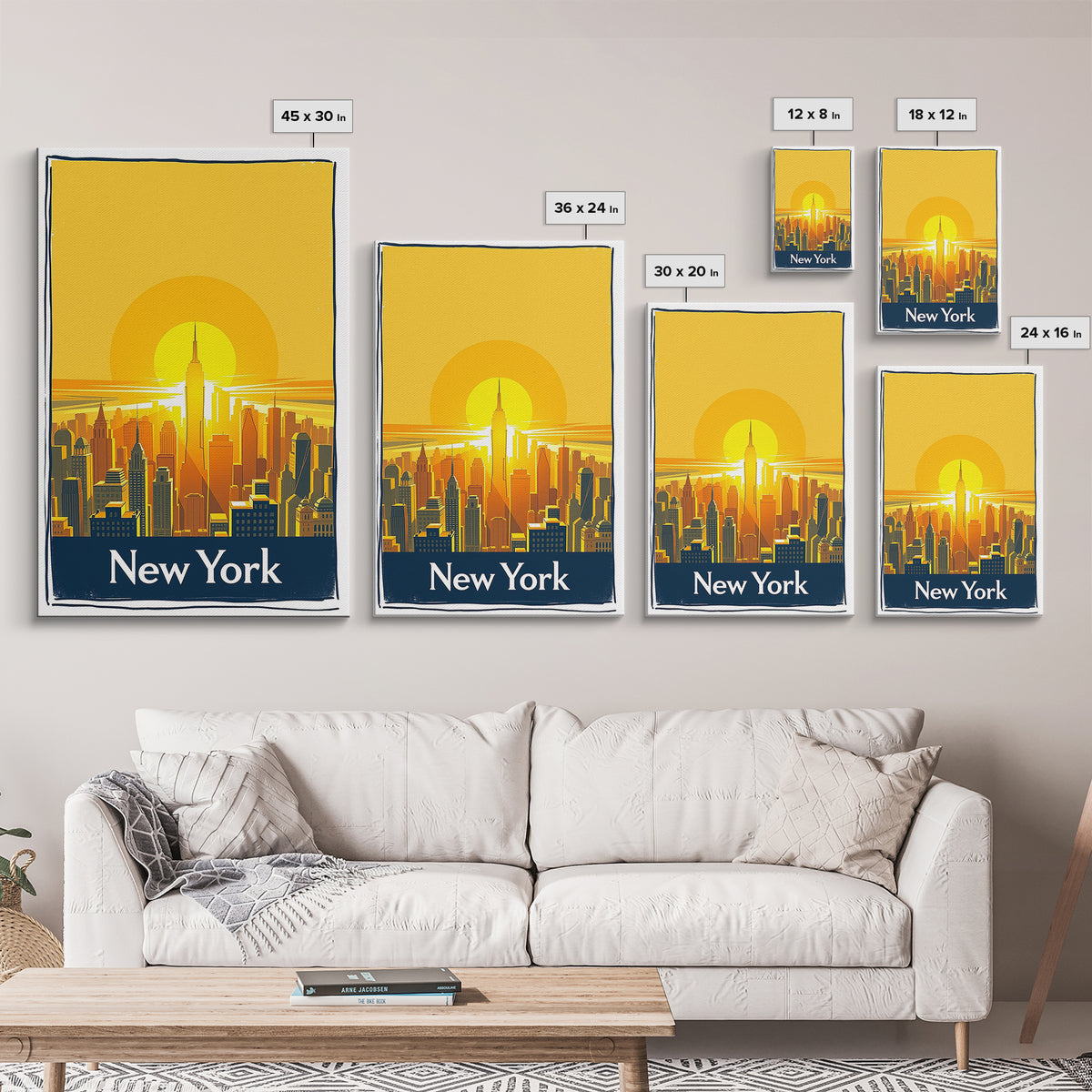 New York Travel Poster, Framed Canvas Print, Golden Travel Poster Art, New York Art Print, City Travel Prints, Watercolor Skyline