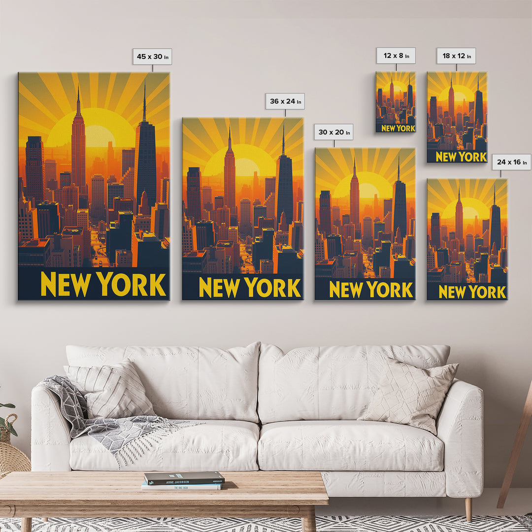 New York Travel Poster, Canvas Print, Golden Travel Poster Art, New York Art Print, Retro Travel Print, Wanderlust Decor, Travel Poster Set